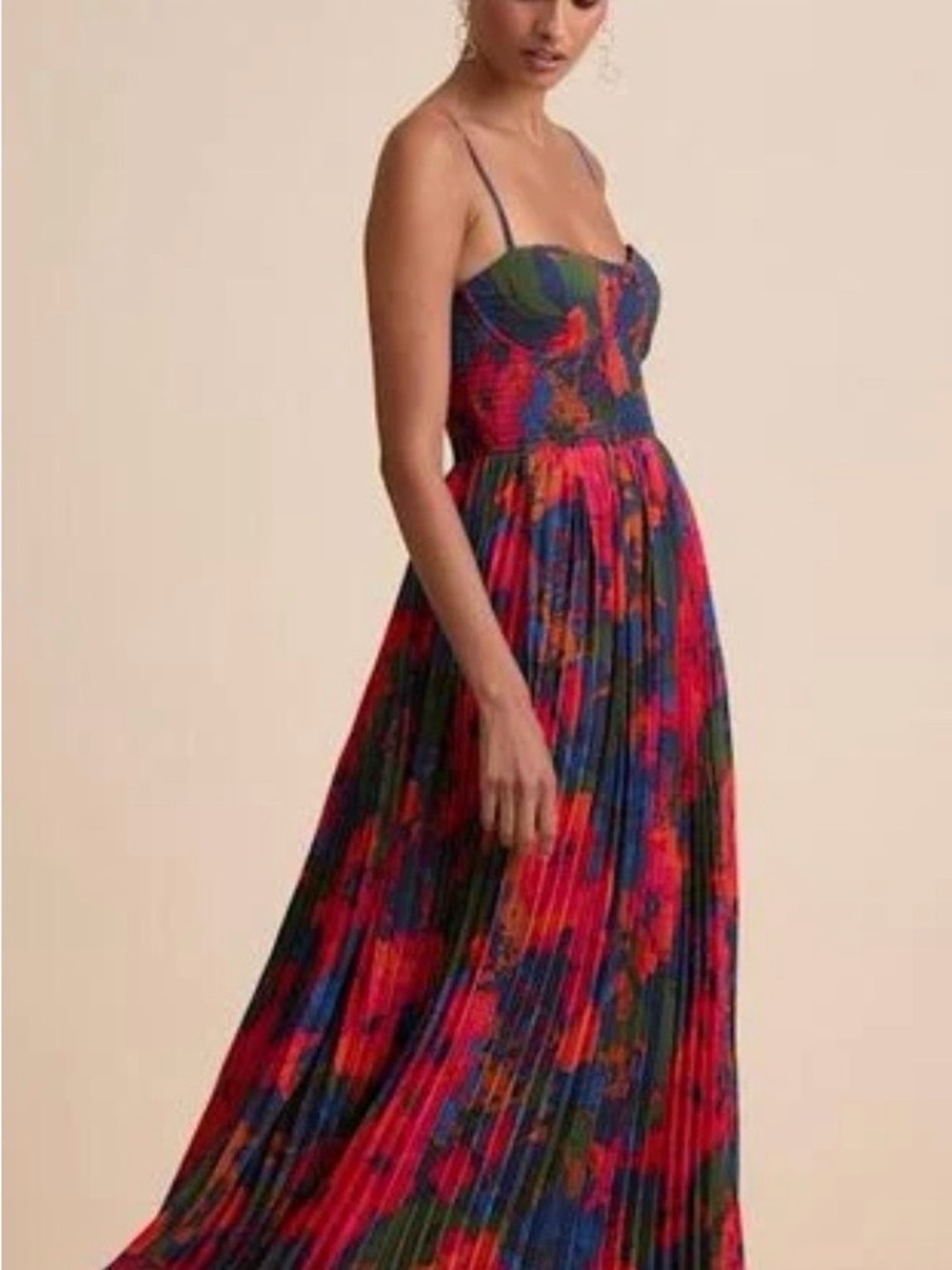 New Women's Red Floral Pleated Maxi Dress - Spaghetti Strap